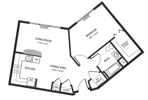 Floor plan for 1 bed, 1 bath, 730 sqft